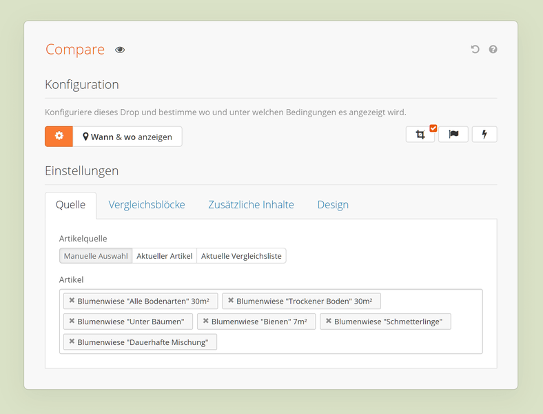 Auswahl der Artikelquelle im Compare Backend