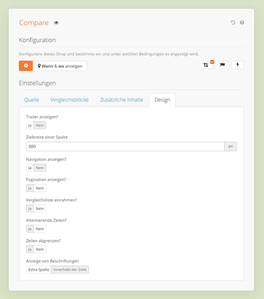 Layout- und Design-Einstellungen des Compare Drops