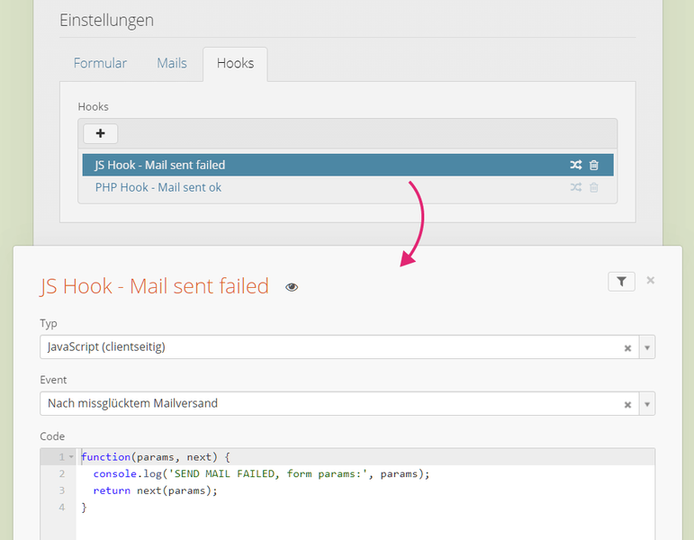 Hook Konfiguration im Backend
