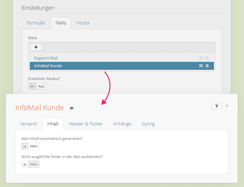 Mail Konfiguration im Contact Form Backend