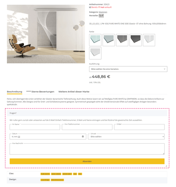R�ckrufformular auf Produktseite von bau.shop