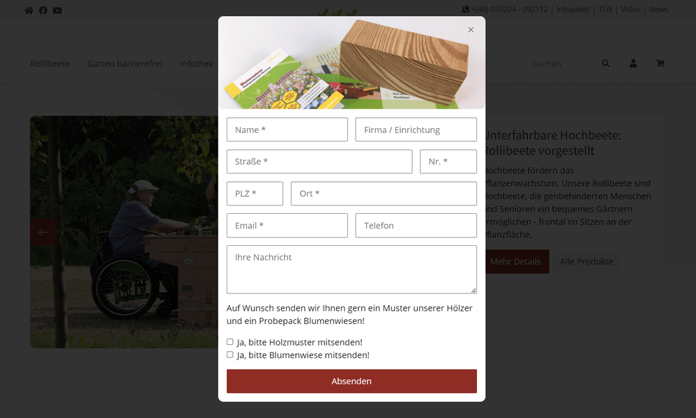 Infopaket Anfrage in Popup Drop bei rollibeet.de