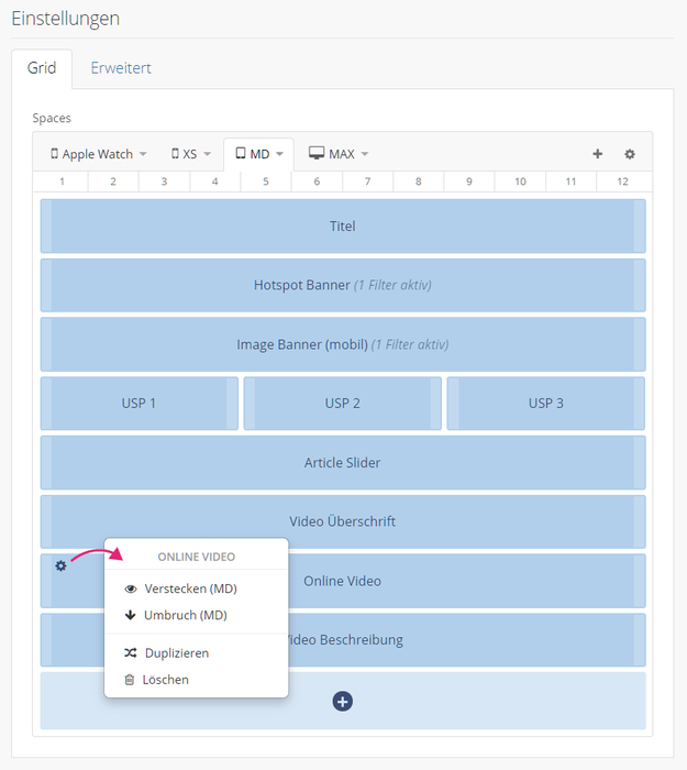 Space Optionen im Flex Layout Backend