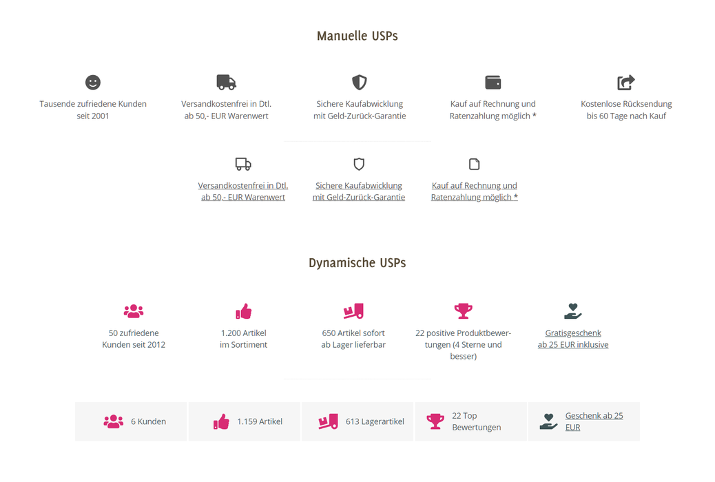 Anwendungsbeispiele 1: USPs mit diversen Layouts, Icons und manuellen / dynamischen Texten