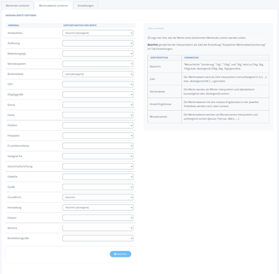 Feature Sorter Wertsortierungen im JTL-Shop 5 Backend