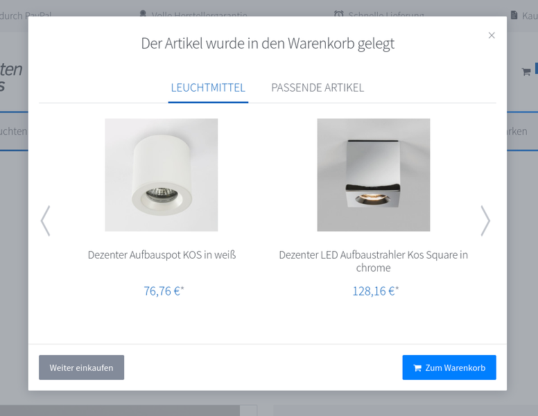 Anzeige von XSelling-Artikeln wenn ein Artikel in den Warenkorb gelegt wurde bei  leuchtentrends.de 