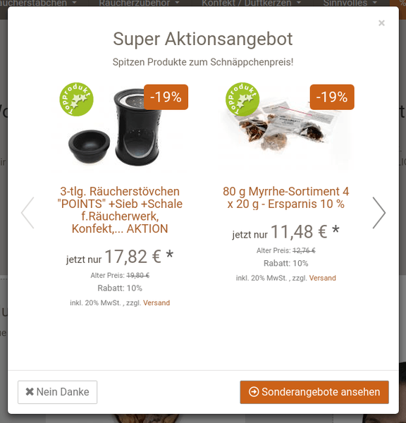 Aktionspopup bei sonnlicht.de