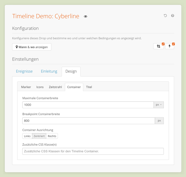 Container Settings im Timeline Drop