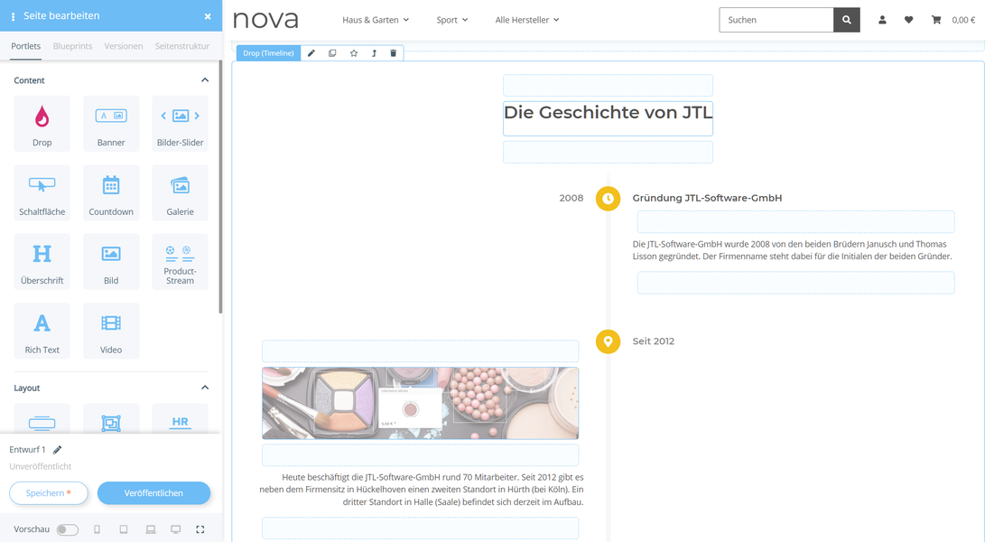 Timeline im OnPage Composer in Kombi mit Portlets (�berschrift, Banner)