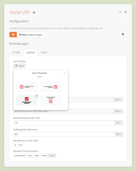 Layout Option des USP Drops im Backend