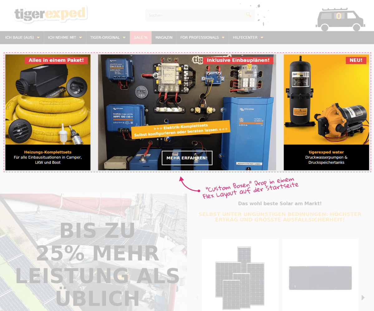 Customboxen auf der Startseite von tigerexped.de