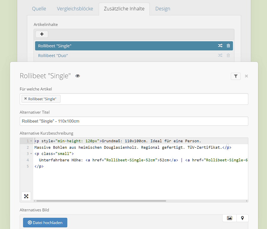 Zustzliche Produktdaten fr die Vergleichsliste im Drop Backend pflegen