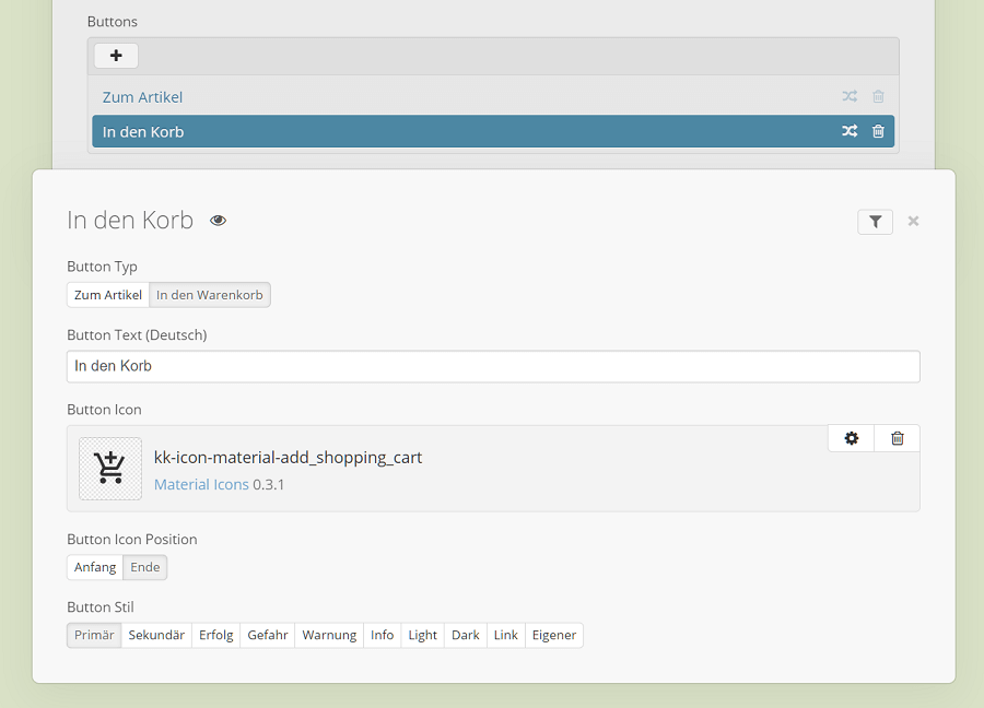 Button Konfiguration im Drop Backend