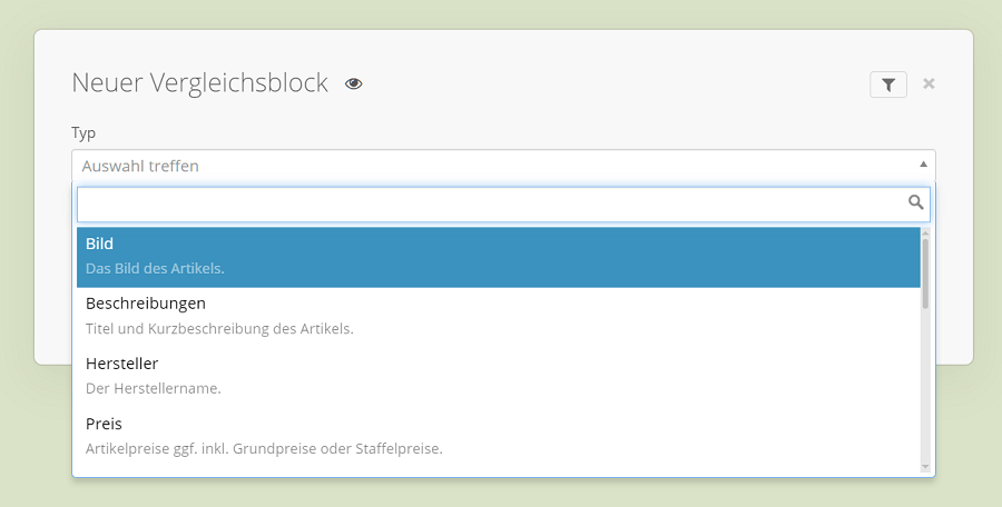 Ein Vergleichblock im Compare Drop Backend