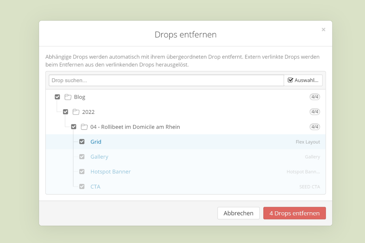 Markierung mitgel�schter, exklusiv verlinkter Drops beim Entfernen