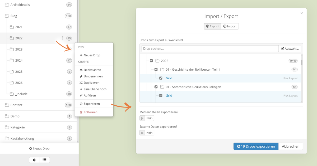 Export direkt aus der Dropper Sidebar