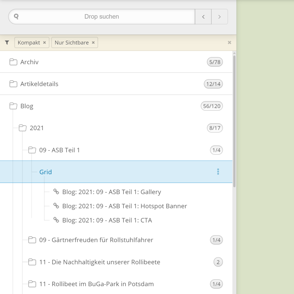 Aktive Filter in der Dropper Sidebar