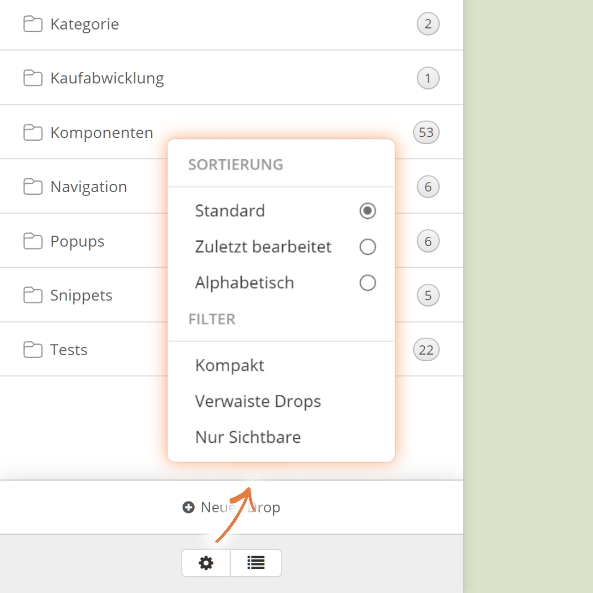 Sortierfunktion in der Dropper Sidebar