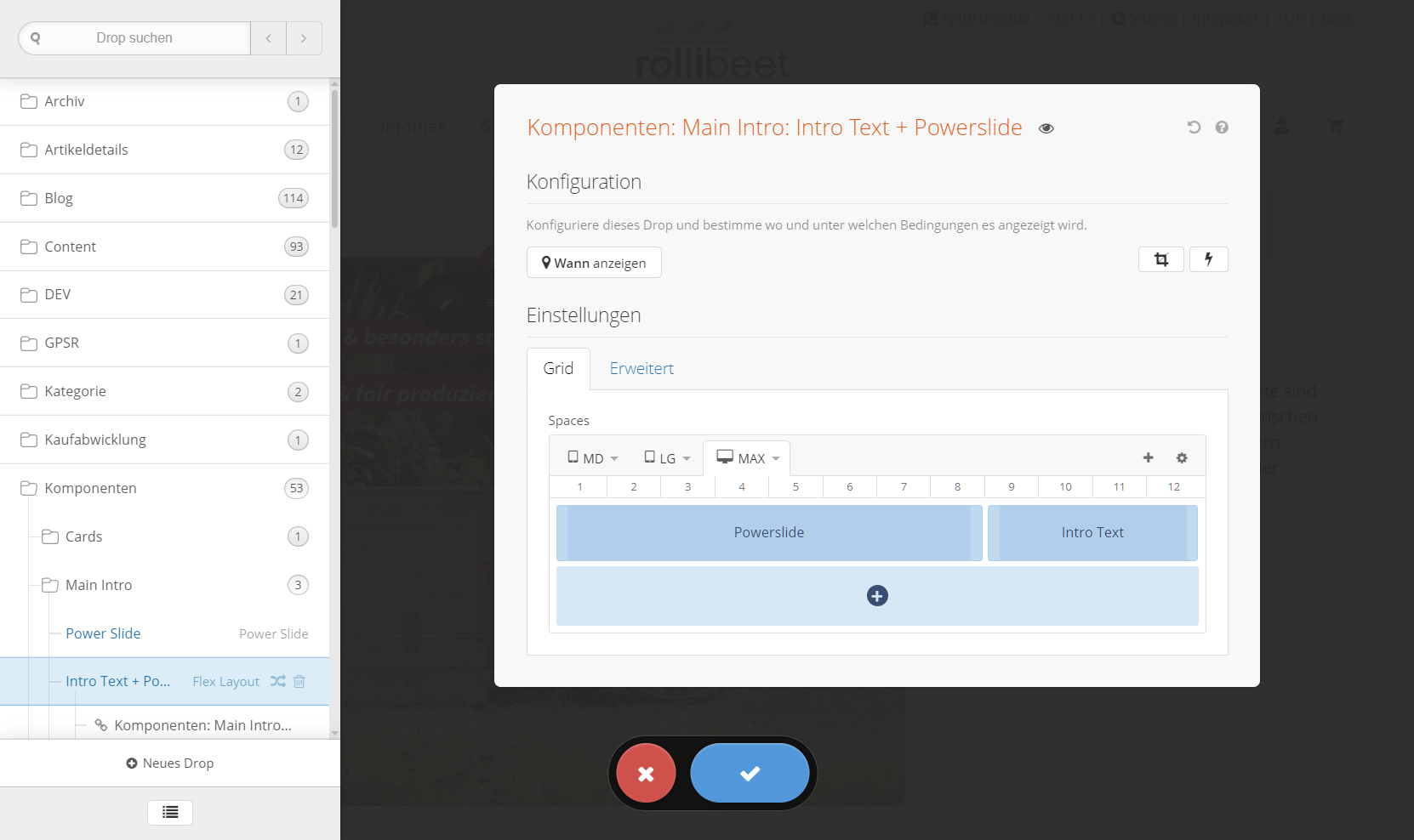 Dropper Sidebar im Editiermodus des Frontend-Editors