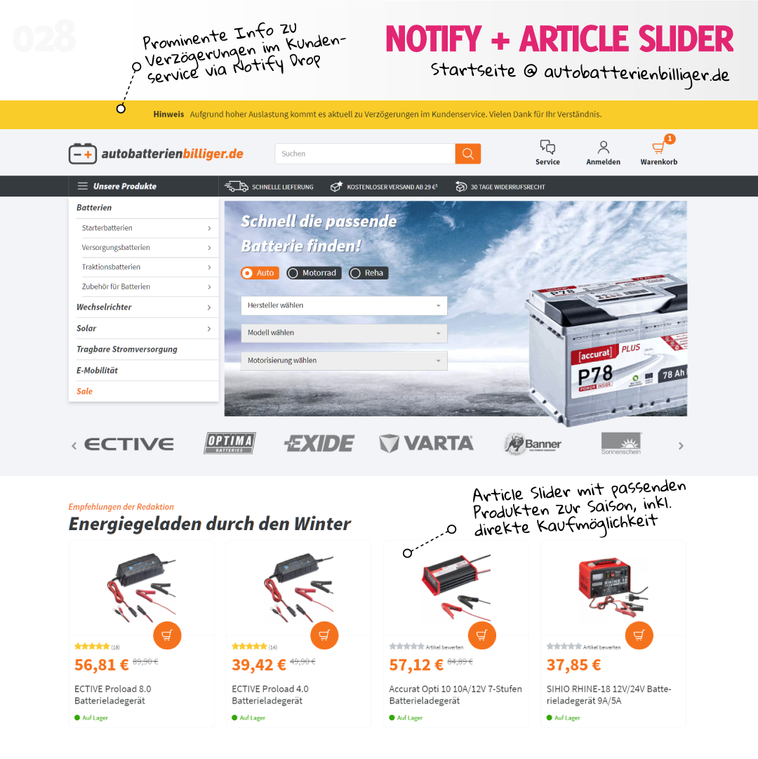 Notify und Article Slider auf autobatterienbilliger.de
