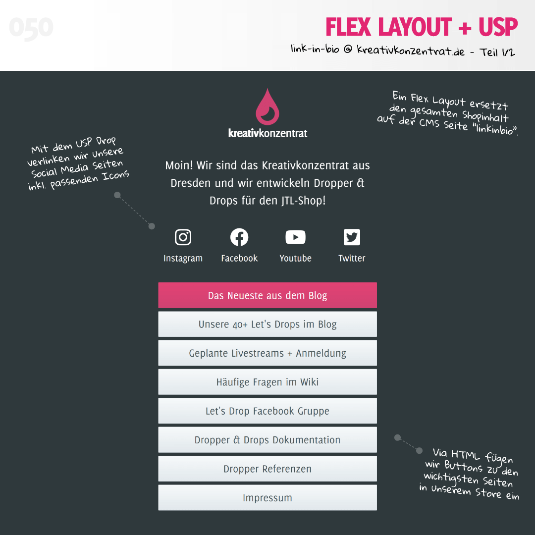 Link in Bio Seite mit Flex Layout und USP Drop