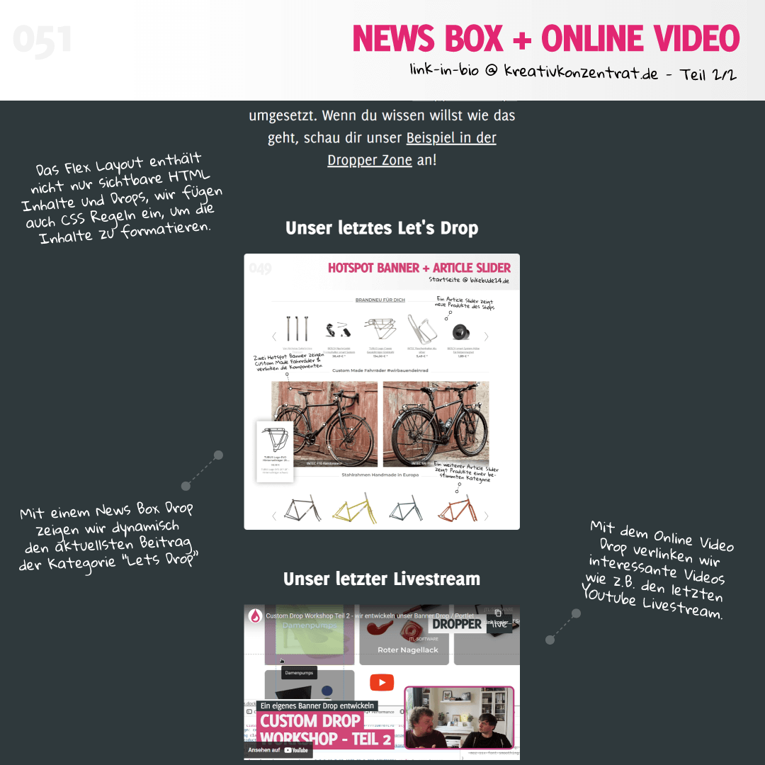 Link in Bio Seite - News Box & Online Video