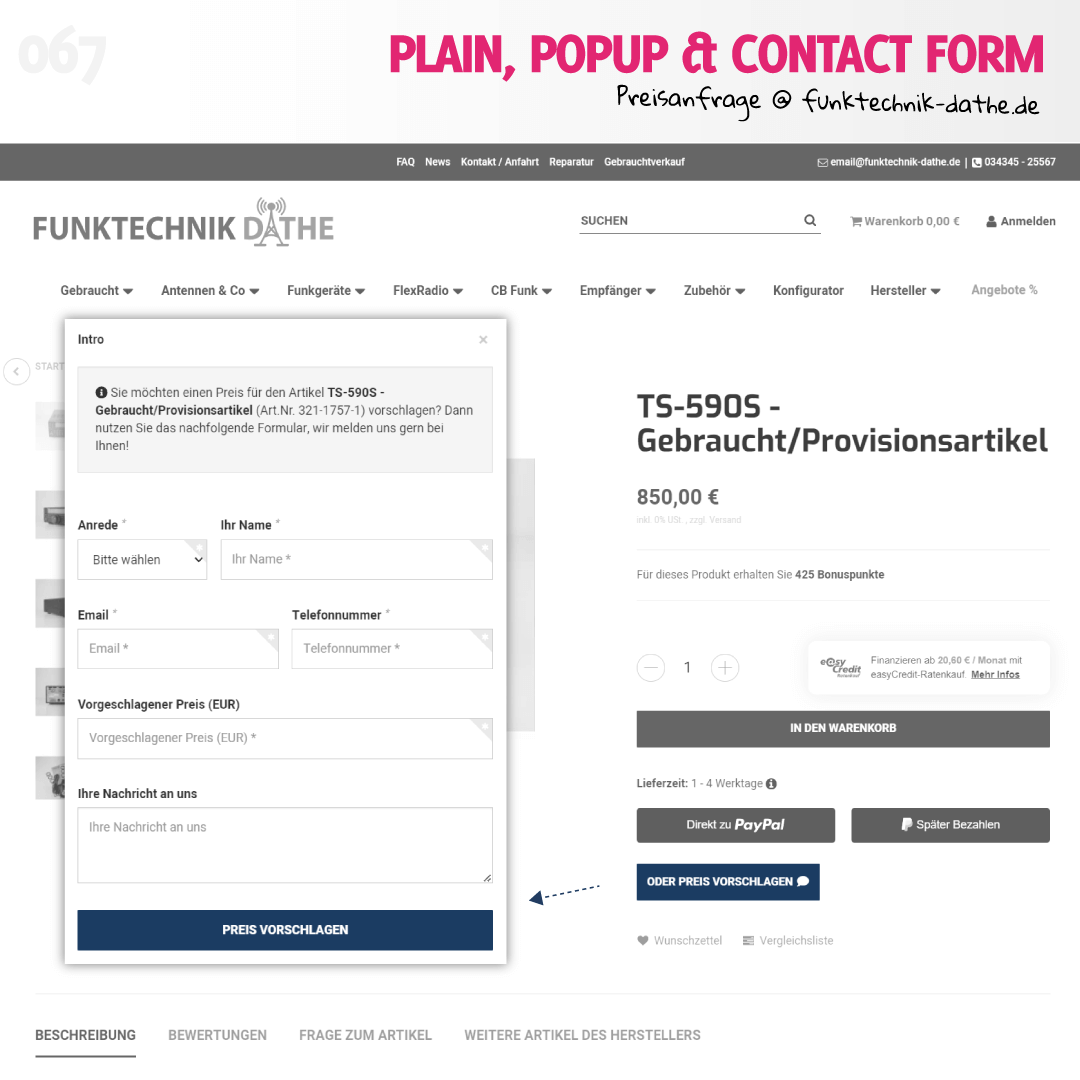 Popup mit Formular & Button auf Artikeldetailseite @ funktechnik-dathe.de