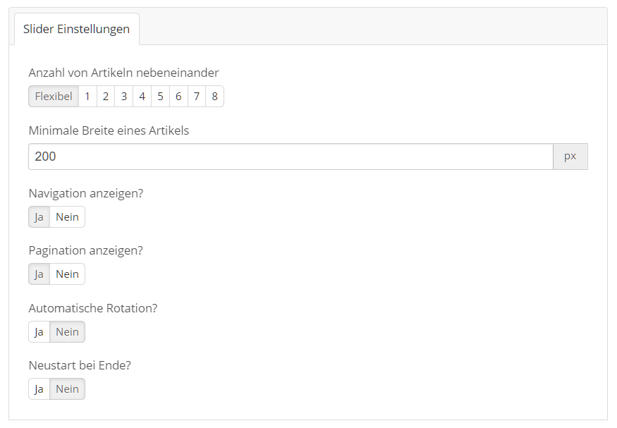 Slider Settings im Drop Backend