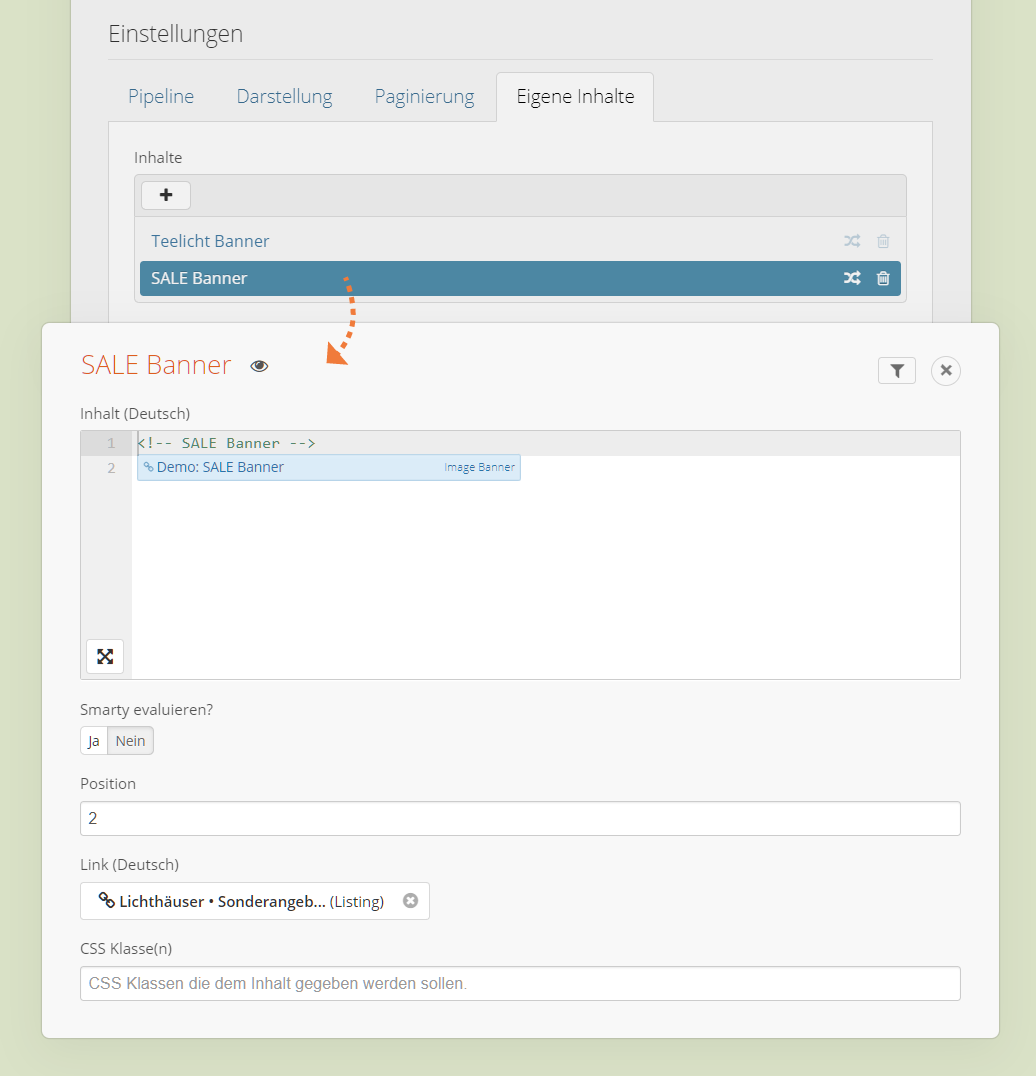 Eigene Inhalte im Backend des Product Pipeline Drops