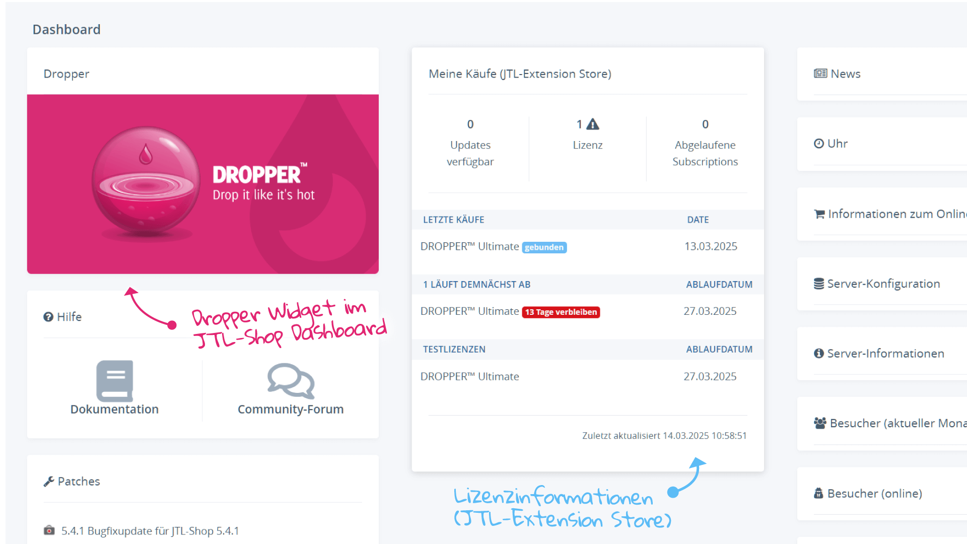 Dropper Widget im JTL-Shop Dashboard nach Installation